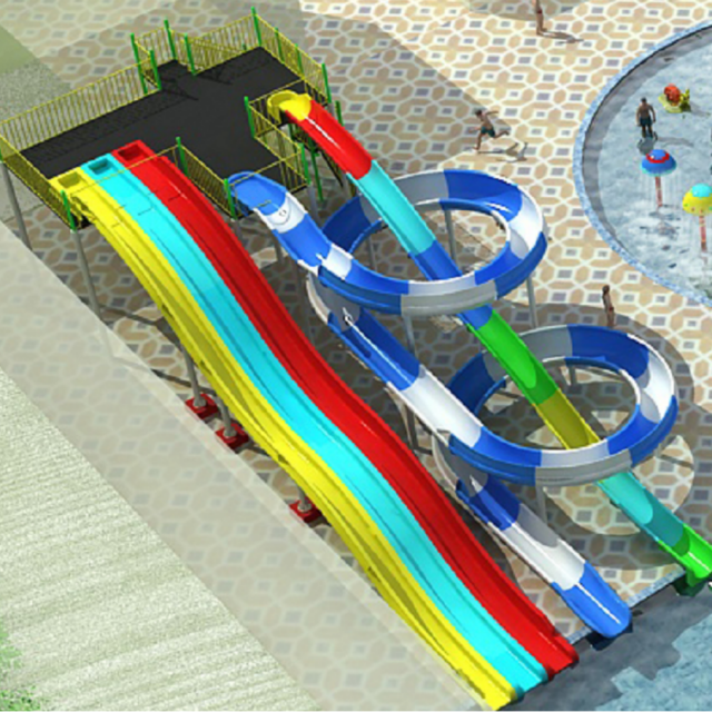 Customized fiberglass water park slides for adults and playground equipment for children.