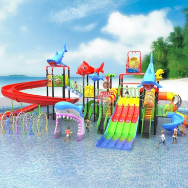 Customized fiberglass water park slides and indoor playground equipment for children.
