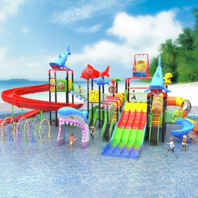 Customized fiberglass water park slides and indoor playground equipment for children.